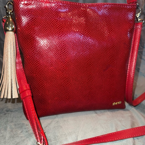 LAND Red Leather Snakeskin Glossy Cowhide Crossbody Bag w Gold Fringe Tassle EUC - Picture 3 of 13